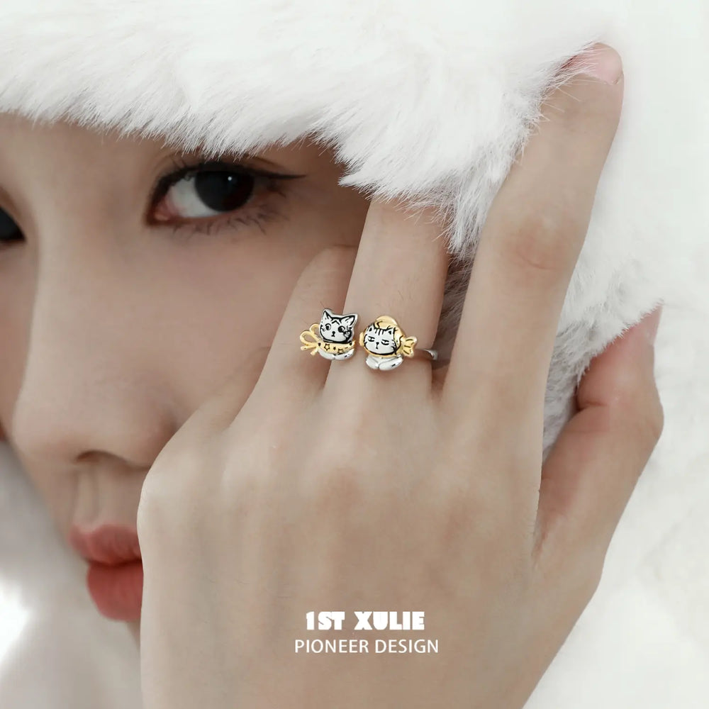 1ST XULIE "Graffiti Kitten" Lazy Kitten Adjustable Ring in Platinum Plated 925 Sterling Silver - Product View