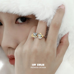 1ST XULIE "Graffiti Kitten" Lazy Kitten Adjustable Ring in Platinum Plated 925 Sterling Silver - Product View
