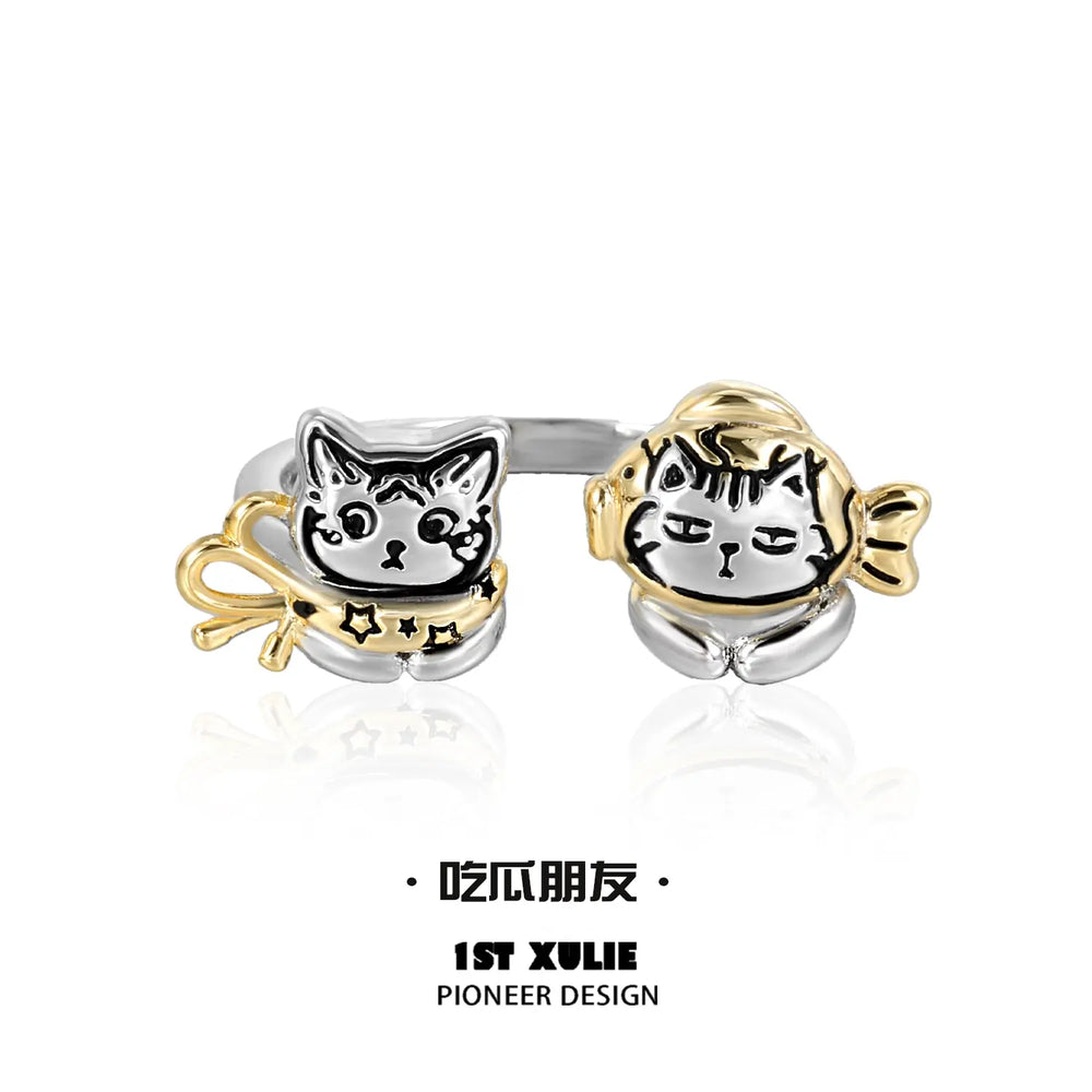 1ST XULIE "Graffiti Kitten" Lazy Kitten Adjustable Ring in Platinum Plated 925 Sterling Silver - On Model