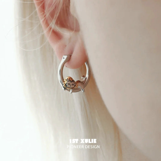 1ST XULIE "Graffiti Kitten" Large Lazy Kitten Hoop Earrings in 925 Sterling Silver - On Model