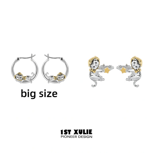 1ST XULIE "Graffiti Kitten" Lazy Kitten Statement Charm Hoop Earrings in Platinum Plated - Size Comparison