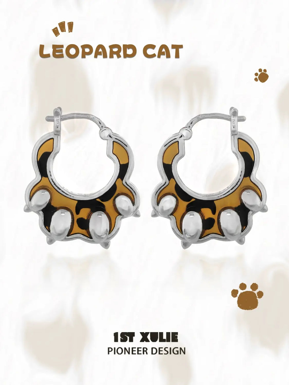 1ST XULIE Jewelry "LEOPARD CAT" Leopard Cat Paw Huggie Hoop Earrings in Platinum Plated - Lifestyle Shot