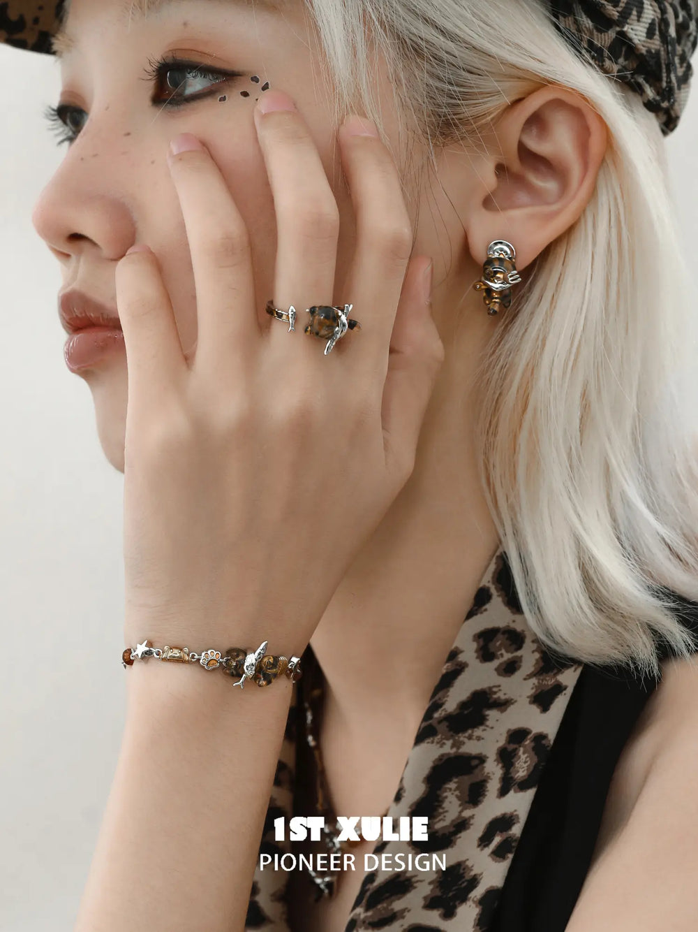 1ST XULIE "LEOPARD CAT" Playful Leopard Cat Stud Earrings in Platinum Plated Brass - Angle View