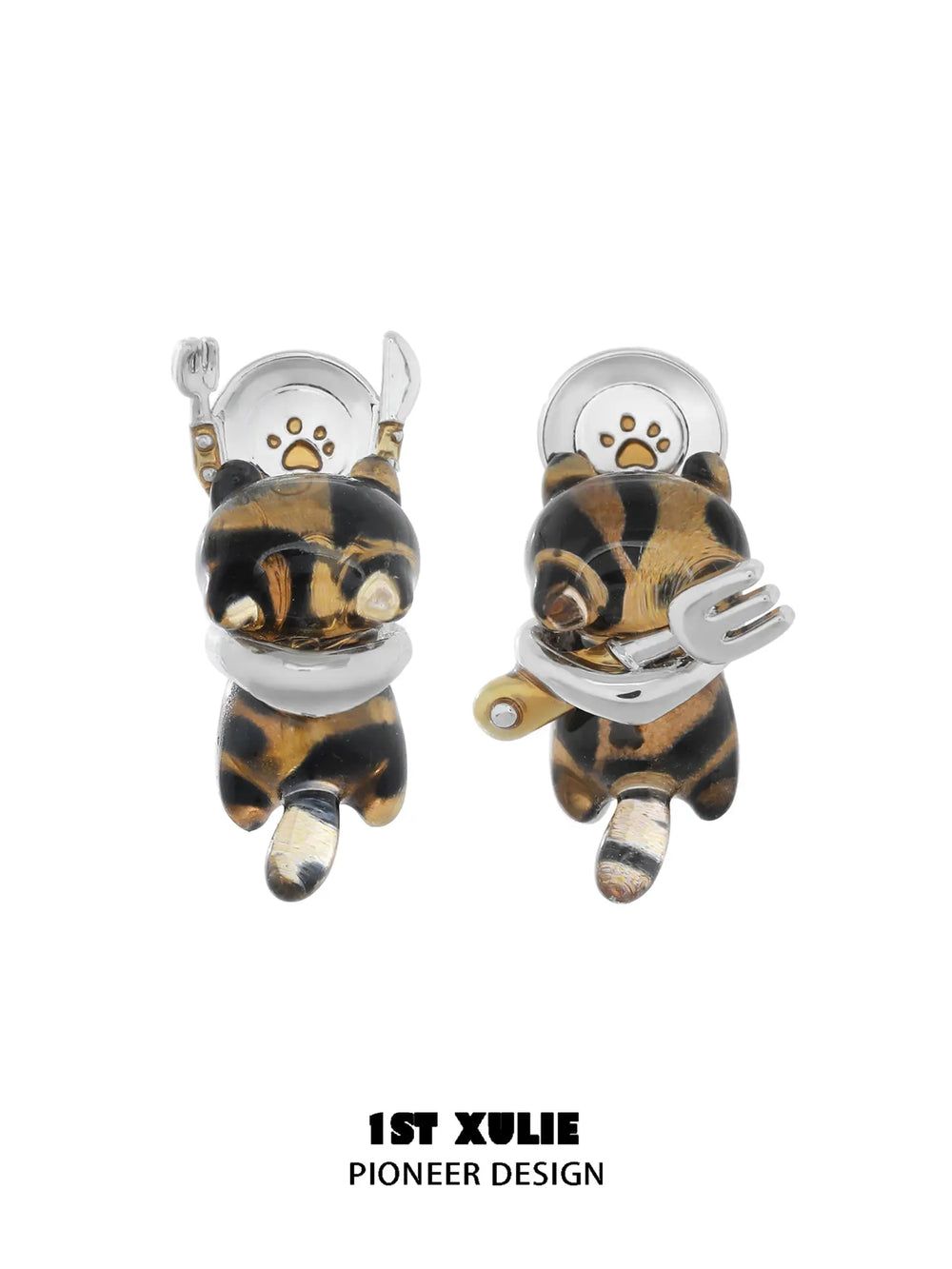 1ST XULIE "LEOPARD CAT" Playful Leopard Cat Stud Earrings in Platinum Plated Brass - Back View