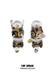 1ST XULIE "LEOPARD CAT" Playful Leopard Cat Stud Earrings in Platinum Plated Brass - Back View