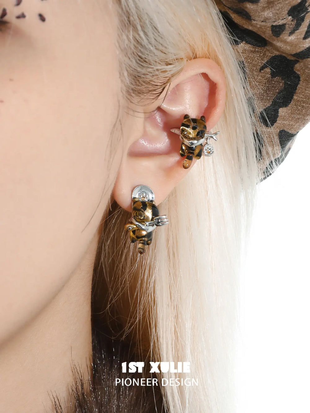 1ST XULIE "LEOPARD CAT" Playful Leopard Cat Stud Earrings in Platinum Plated Brass - Lifestyle Shot