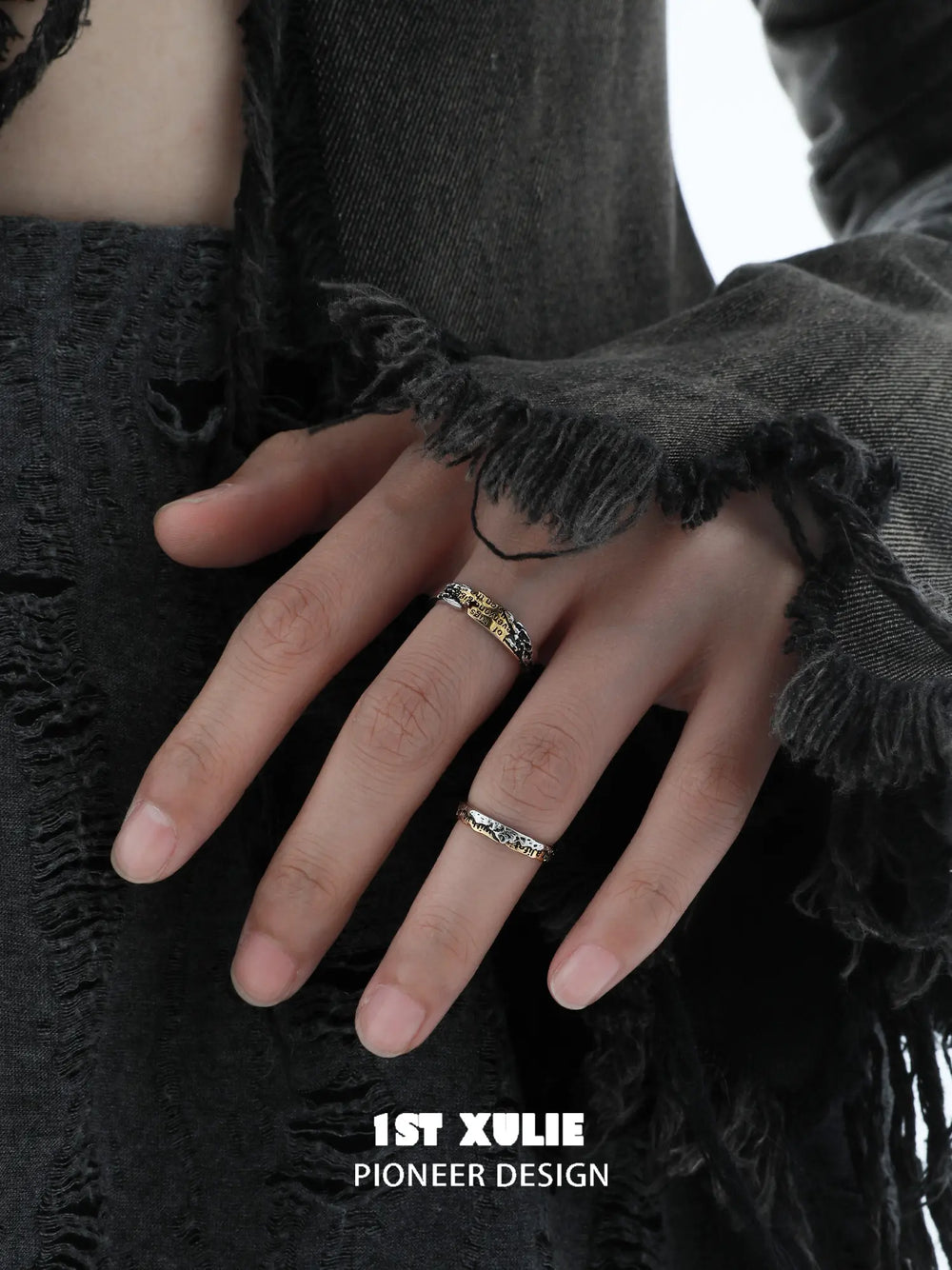 1ST XULIE Jewelry "Immortal Lover" Two-Tone Love Letter Adjustable Pinky Ring in 925 Sterling Silver - Product View