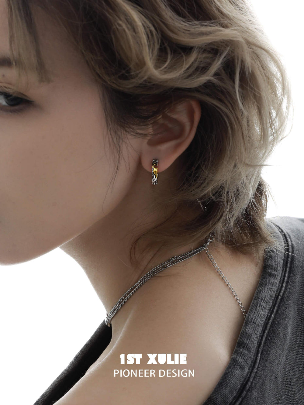 1ST XULIE "Immortal Lover" Dainty Love Letter Huggie Hoop Earrings in Platinum Plated - Detail Shot