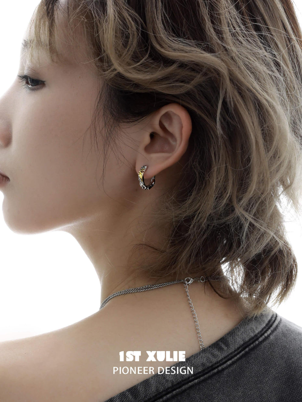 1ST XULIE "Immortal Lover" Dainty Love Letter Huggie Hoop Earrings in Platinum Plated - Side View