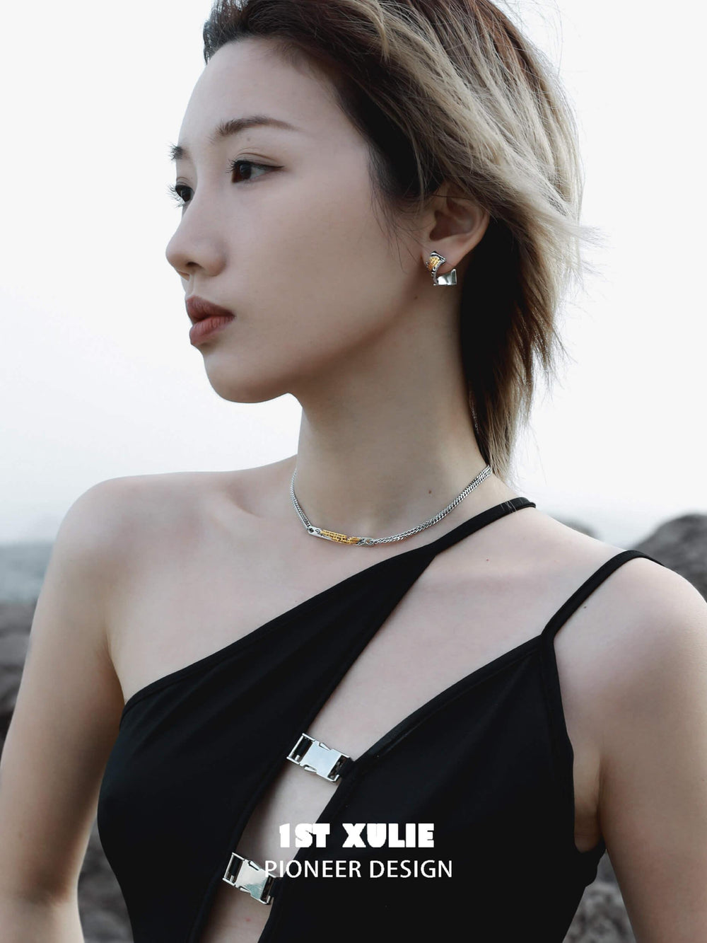 1ST XULIE "Immortal Lover" Dainty Twisted Love Letter Stud Earrings in 925 Sterling Silver - On Model Close-up