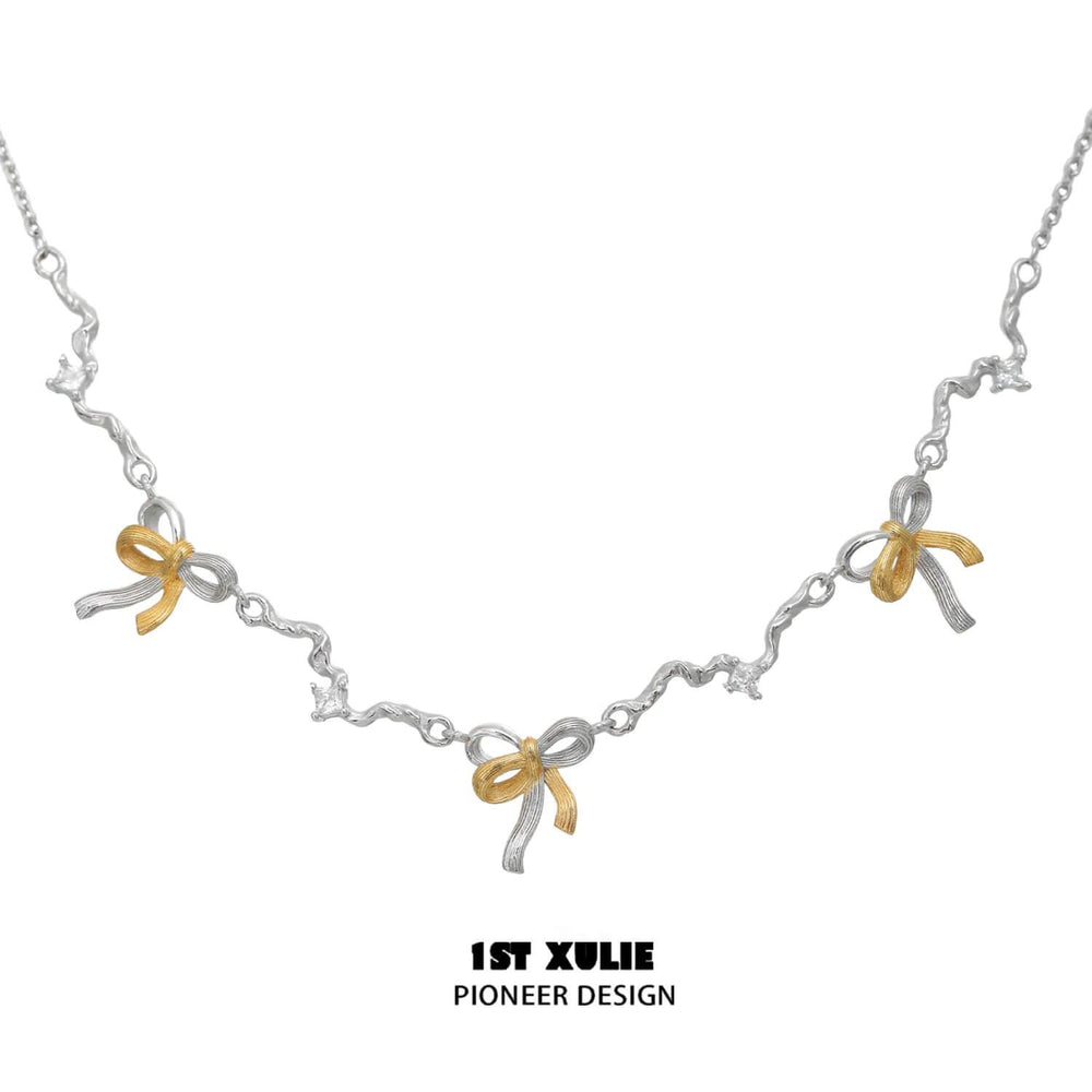 1ST XULIE "Lucky Cat" Dainty Bow-Tie Charm Necklace in Platinum Plated - Detail Shot