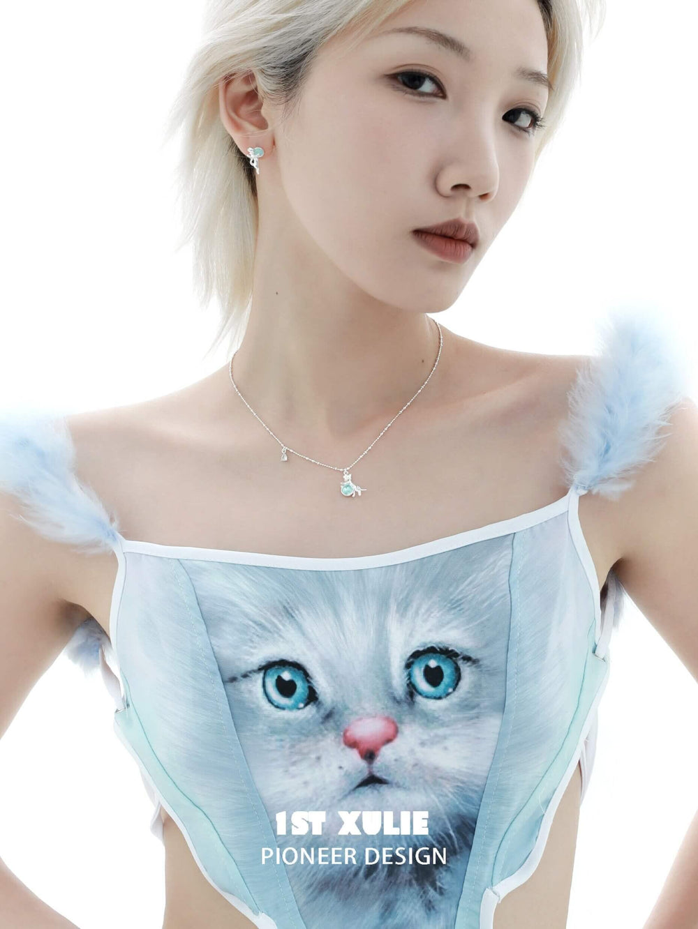 1ST XULIE "Lucky Cat" Crystal Choker Necklace in 925 Sterling Silver - Angled View