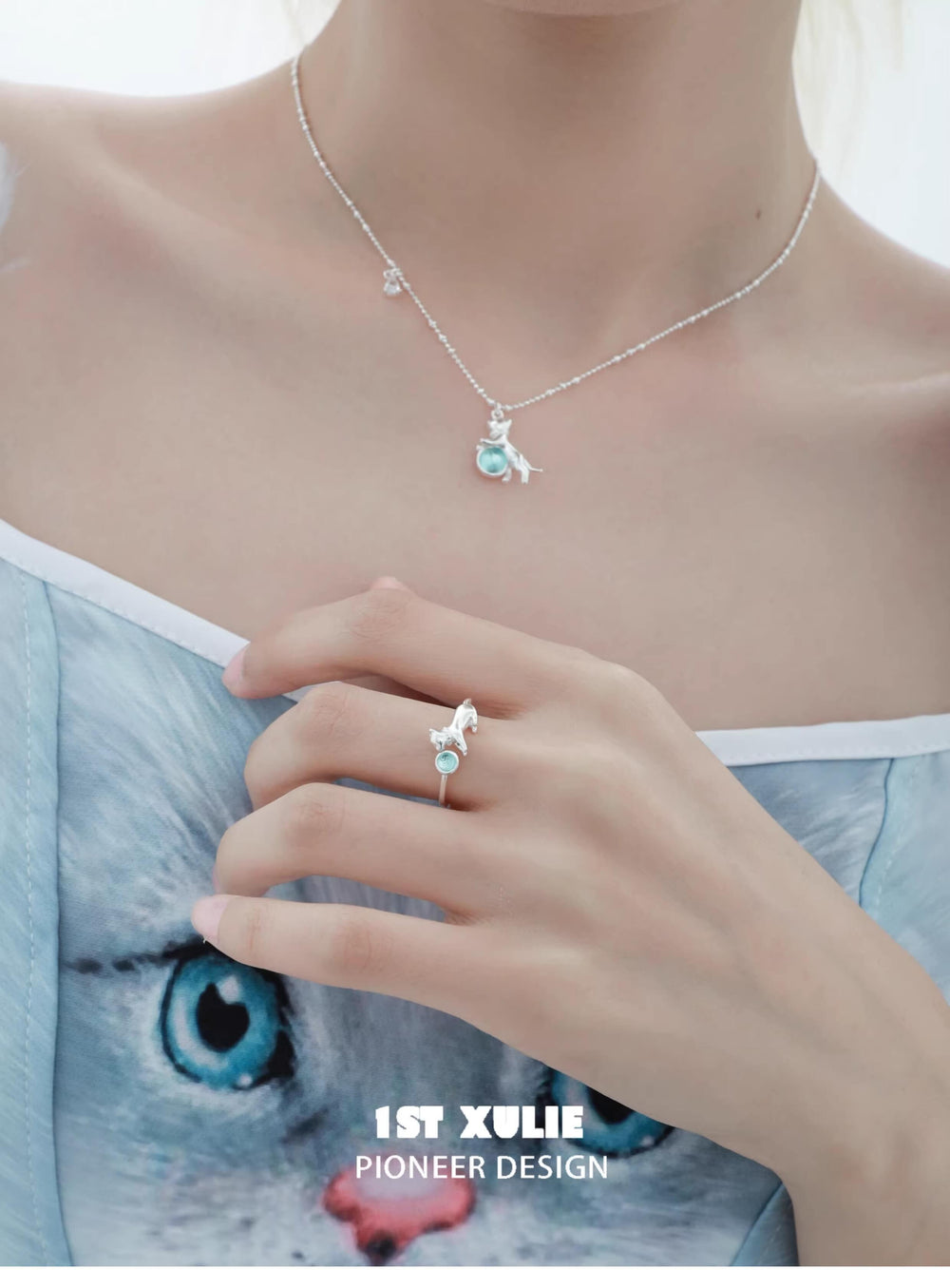 1ST XULIE "Lucky Cat" Crystal Choker Necklace in 925 Sterling Silver - Lifestyle Shot