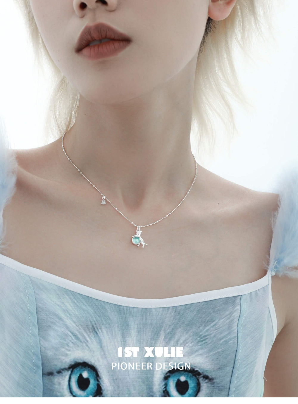1ST XULIE "Lucky Cat" Crystal Choker Necklace in 925 Sterling Silver - On Model