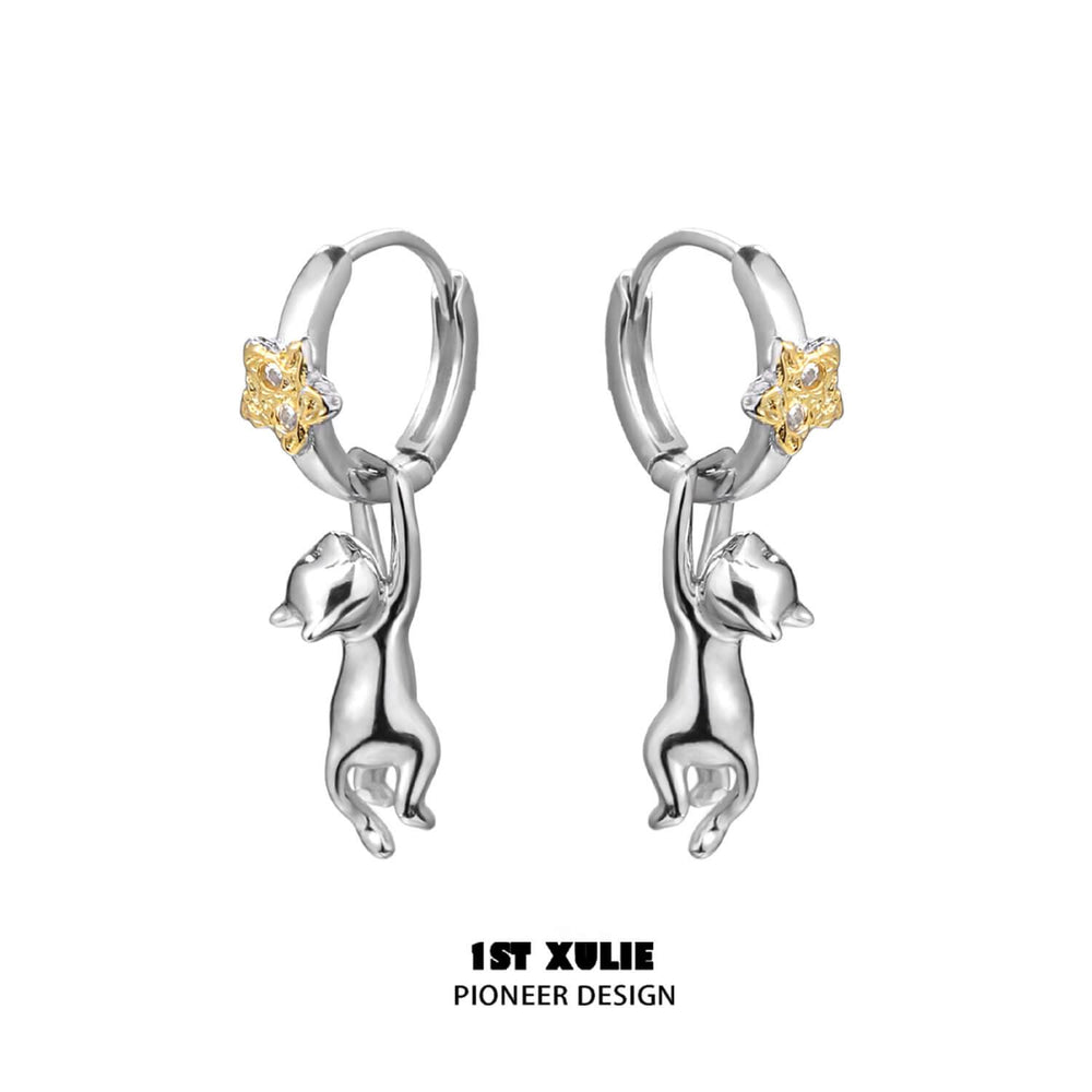 1ST XULIE "Lucky Cat" Platinum Plated Playful Charm Dangle Earrings - Product View