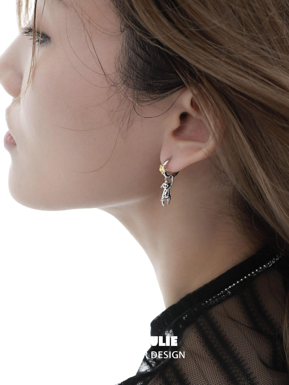 1ST XULIE "Lucky Cat" Platinum Plated Playful Charm Dangle Earrings - Side View