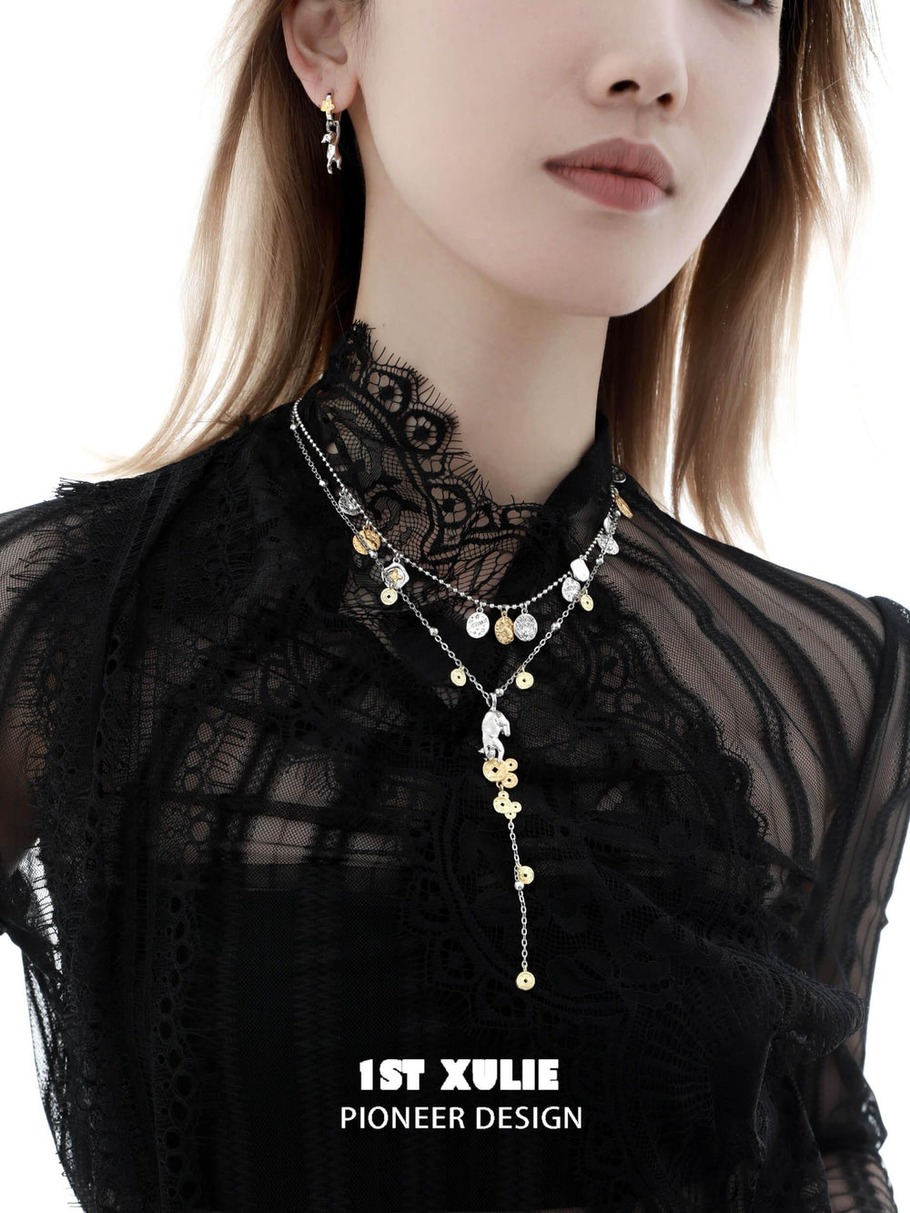 1ST XULIE "Lucky Cat" Platinum Plated Double Layered Pendant Necklace - Angled View