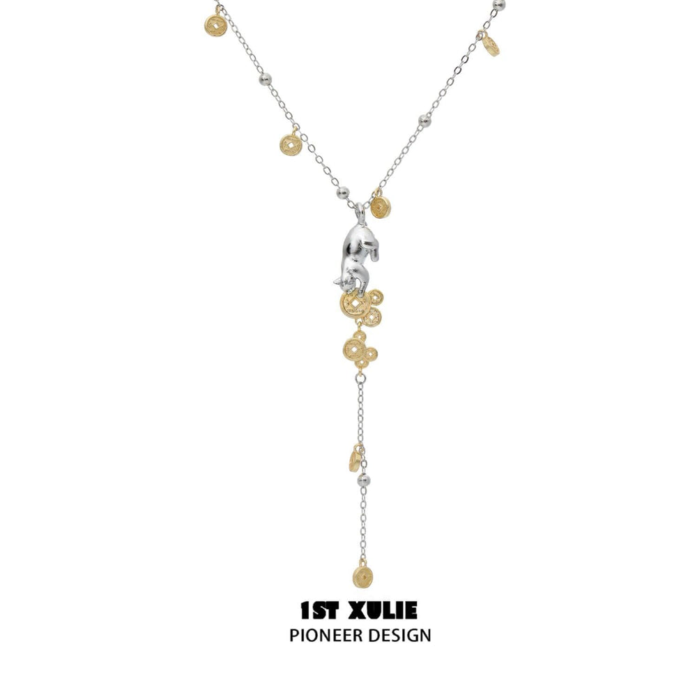 1ST XULIE "Lucky Cat" Platinum Plated Double Layered Pendant Necklace - Clasp Detail