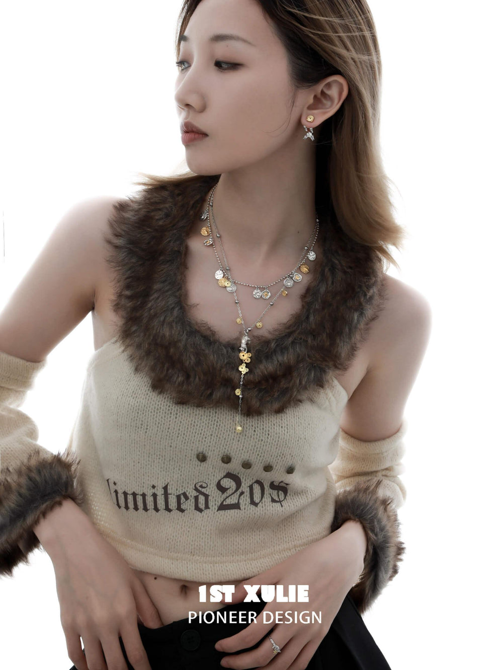 1ST XULIE "Lucky Cat" Platinum Plated Double Layered Pendant Necklace - Detail Shot