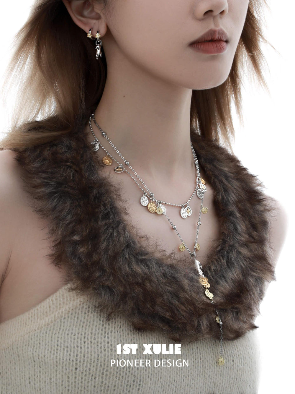 1ST XULIE "Lucky Cat" Platinum Plated Double Layered Pendant Necklace - Lifestyle Shot