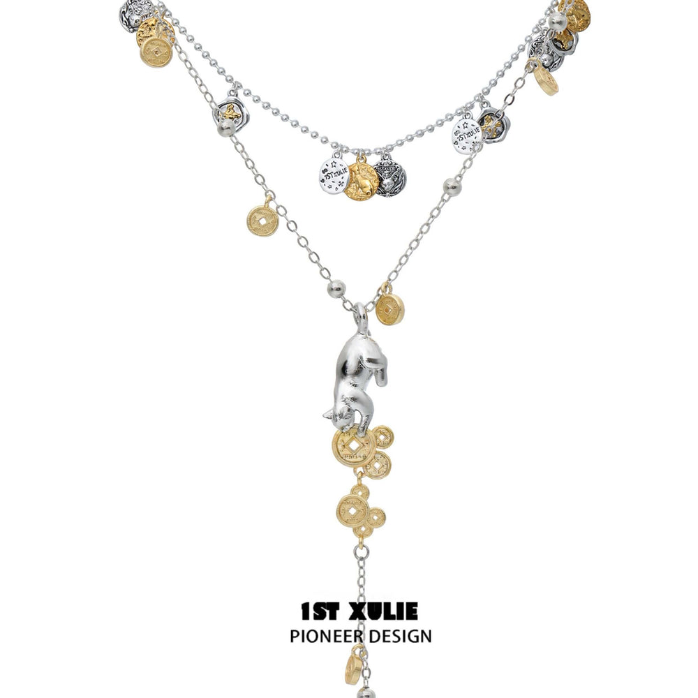 1ST XULIE "Lucky Cat" Platinum Plated Double Layered Pendant Necklace - On Model