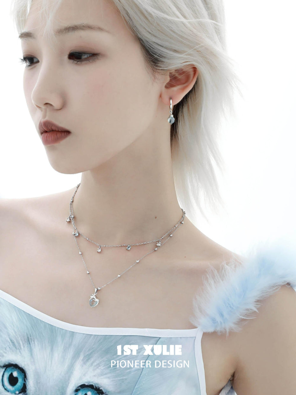 1ST XULIE "Lucky Cat" Dainty Crystal Dangle Huggie Earrings in Platinum Plated - Angled View