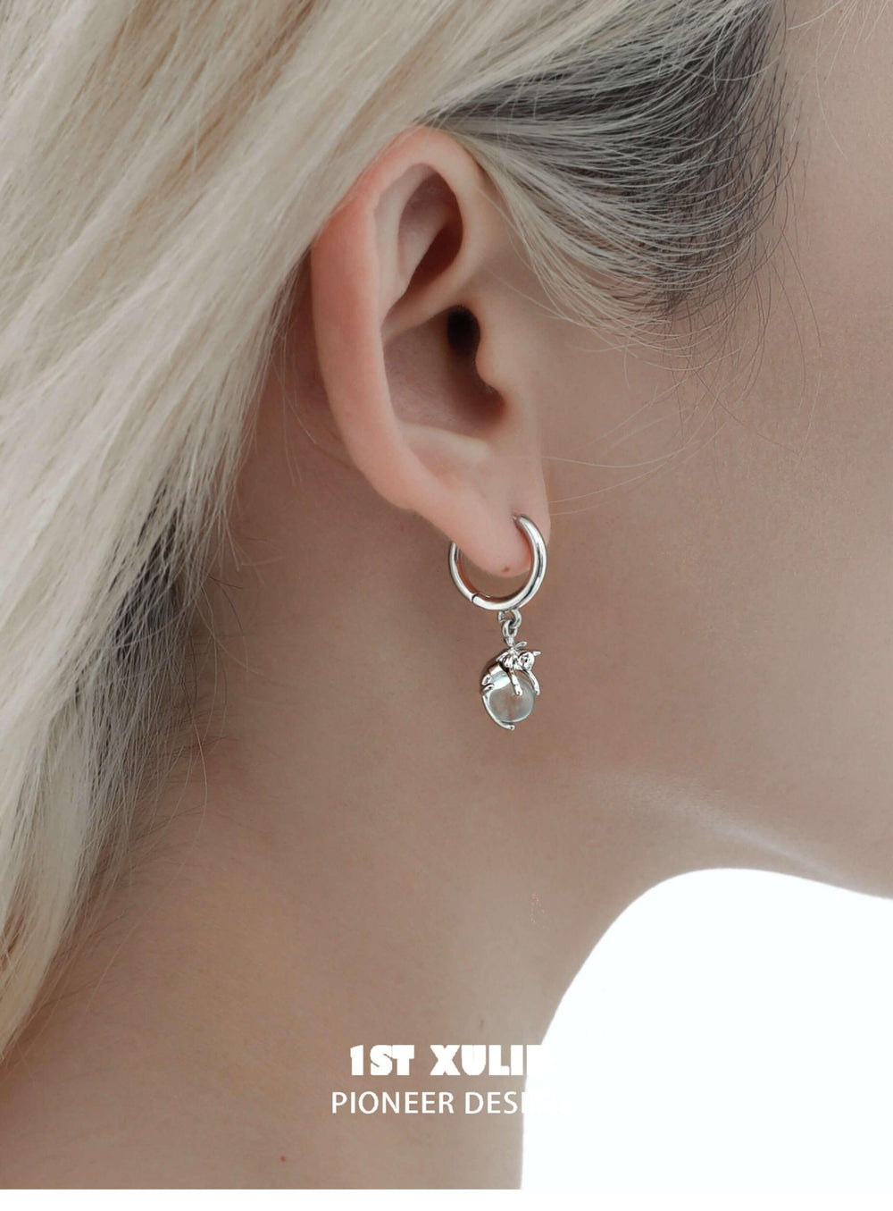 1ST XULIE "Lucky Cat" Dainty Crystal Dangle Huggie Earrings in Platinum Plated - Detail Shot