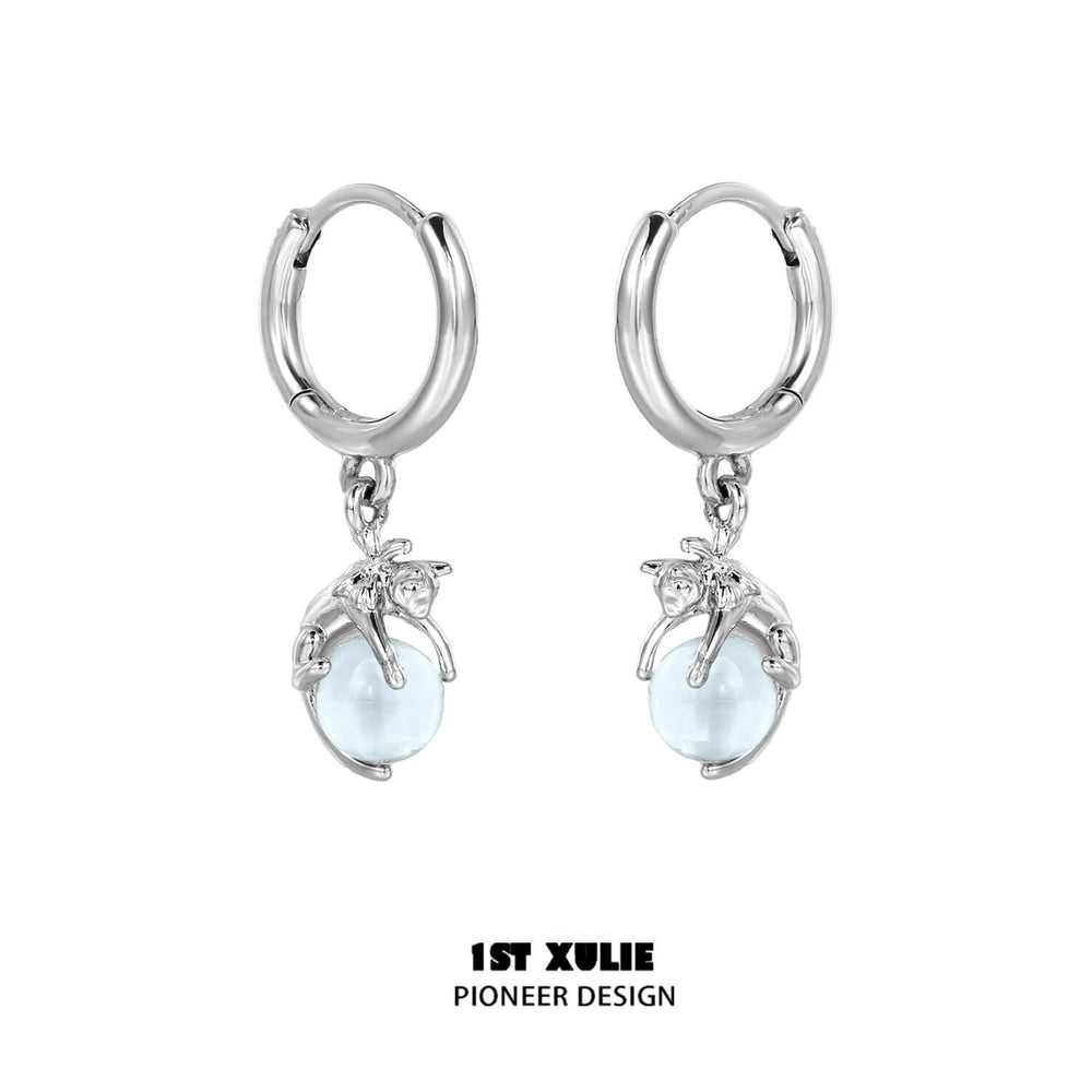 1ST XULIE "Lucky Cat" Dainty Crystal Dangle Huggie Earrings in Platinum Plated - Lifestyle Shot