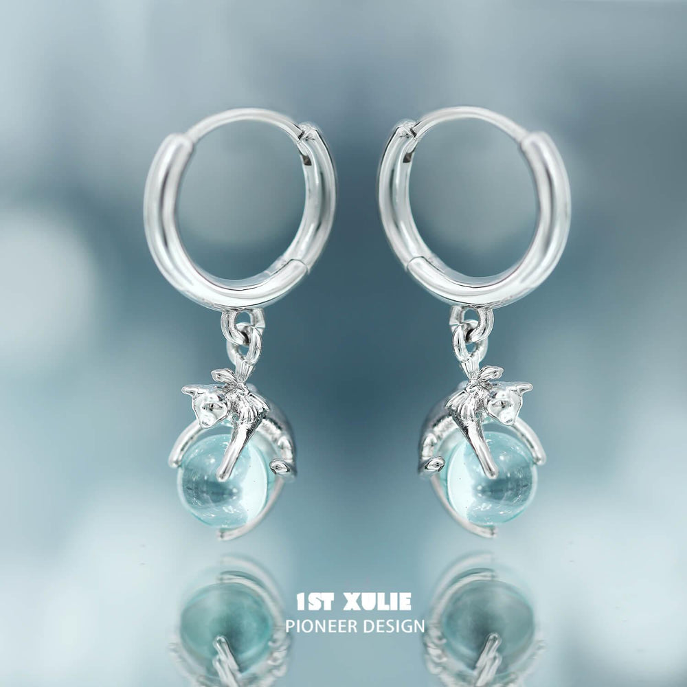 1ST XULIE "Lucky Cat" Dainty Crystal Dangle Huggie Earrings in Platinum Plated - Product View