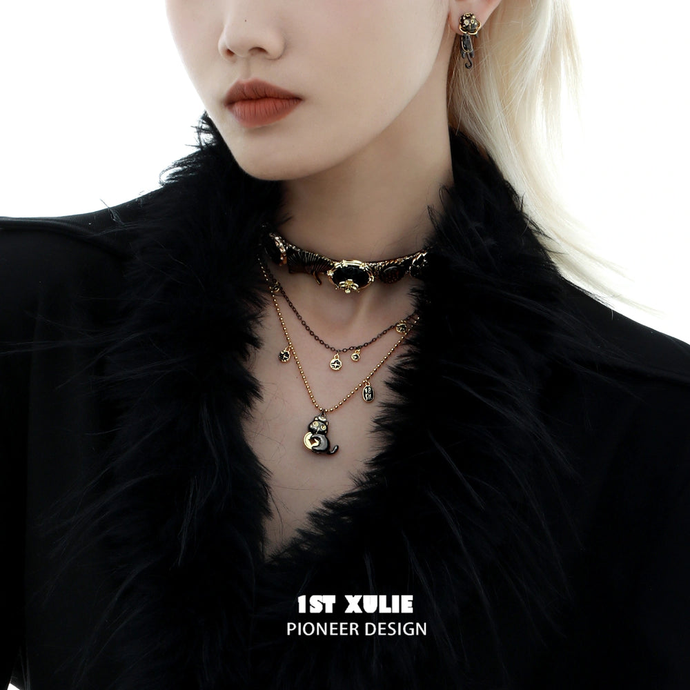 1ST XULIE "Lucky Cat" Statement Double-Layer Pendant Choker in 18K Gold Plated Brass - Side View