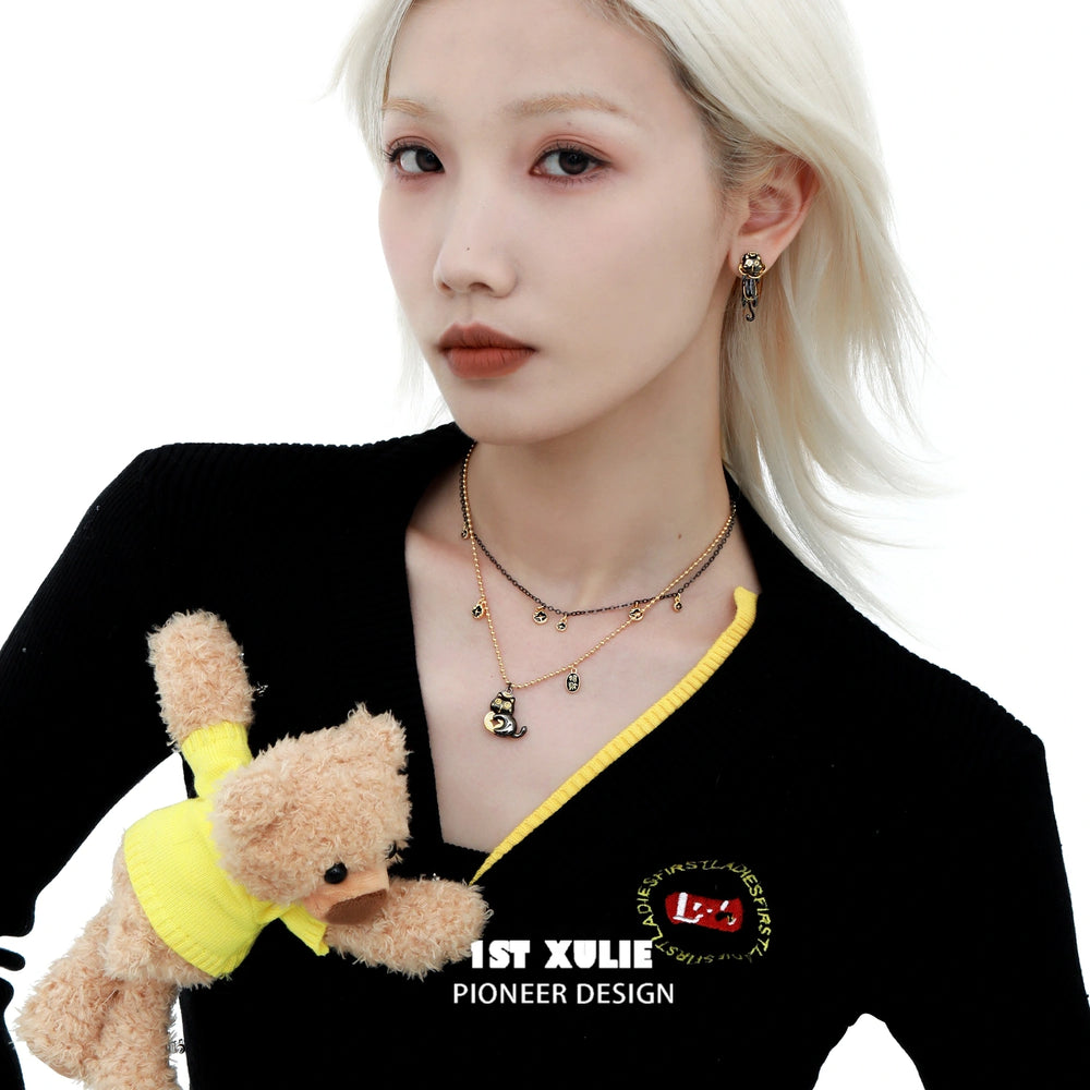 1ST XULIE "Lucky Cat" Statement Double-Layer Pendant Choker in 18K Gold Plated Brass - Back View