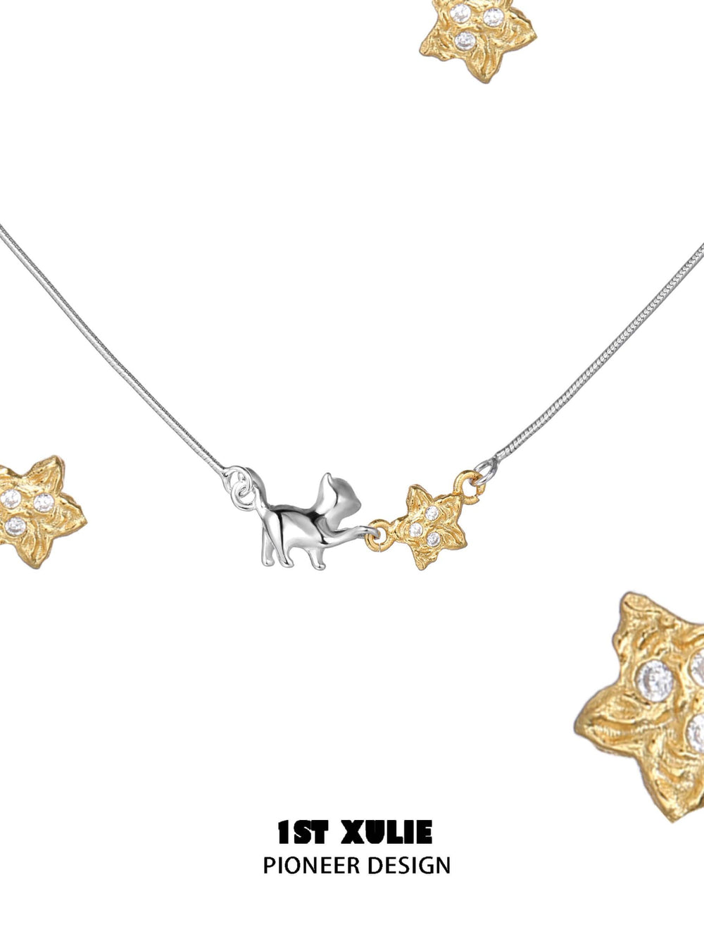 1ST XULIE "Lucky Cat" Dainty Lucky Cat Pendant Choker in 925 Sterling Silver - Product View