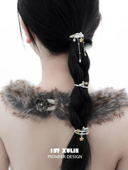 1ST XULIE "Cat's Gaze" Artistic Lucky Cat Walnut Hair Clips in 18K Gold Plated Brass - Angled View