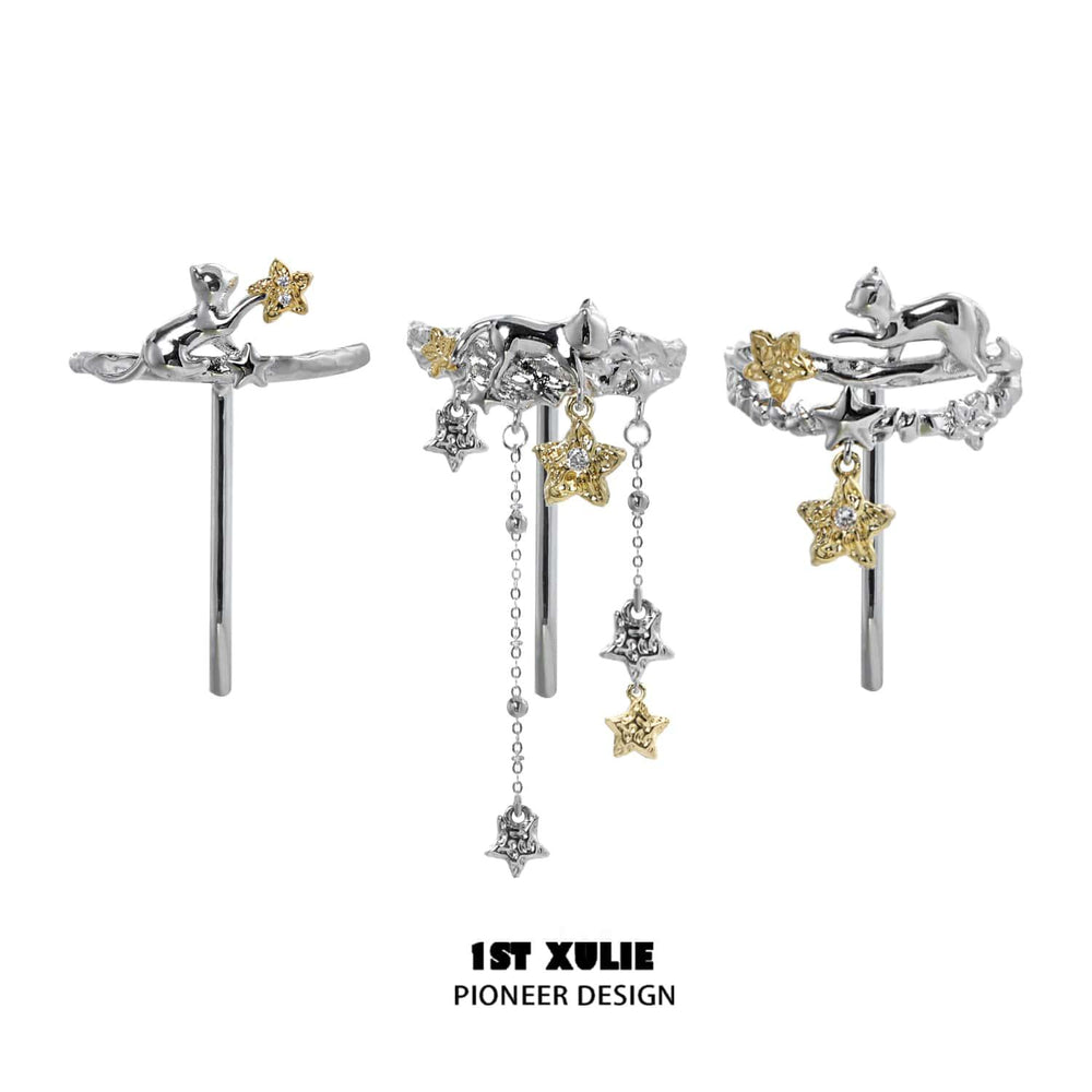 1ST XULIE "Cat's Gaze" Artistic Lucky Cat Walnut Hair Clips in 18K Gold Plated Brass - On Model