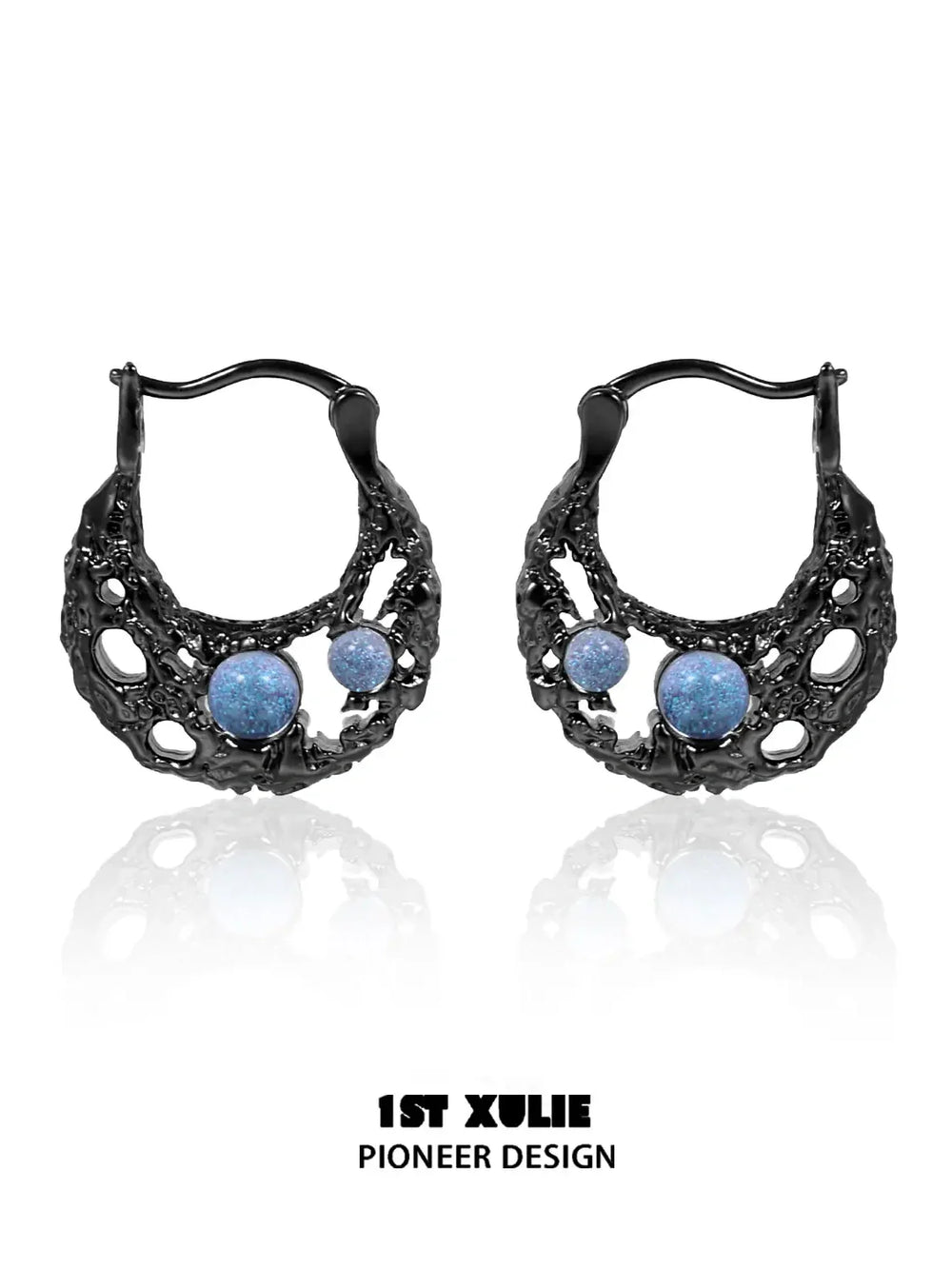 1ST XULIE Jewelry "Eroded Moon" Lunar Eclipse Huggie Hoop Earrings in 18K Gold Plated - Detail Shot Silver