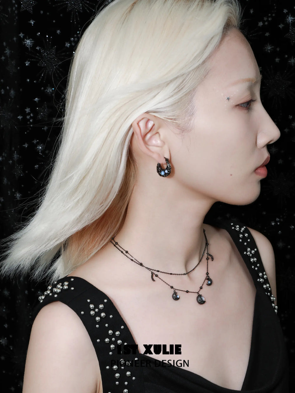 1ST XULIE Jewelry "Eroded Moon" Lunar Eclipse Huggie Hoop Earrings in 18K Gold Plated - Lifestyle Shot