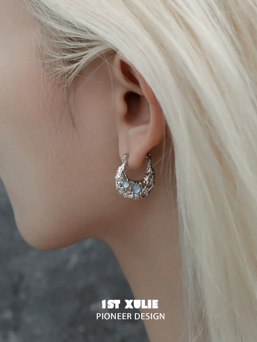 1ST XULIE Jewelry "Eroded Moon" Lunar Eclipse Huggie Hoop Earrings in 18K Gold Plated - On Model Silver