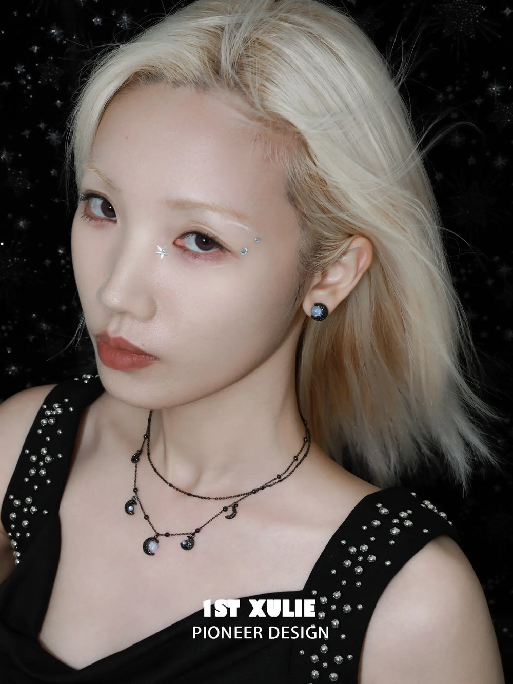 1ST XULIE Jewelry "Eroded Moon" Lunar Eclipse Phases Layered Necklace in 18K Gold Plated - Detail Shot