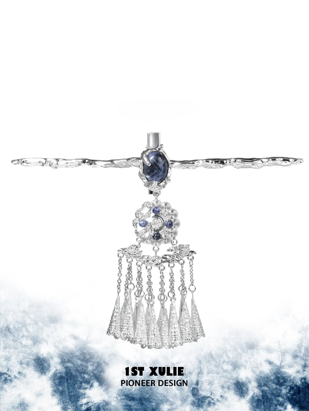 1ST XULIE Jewelry "MIAO" Lunar Sodalite Hairpin in Platinum Plated Brass - Side View