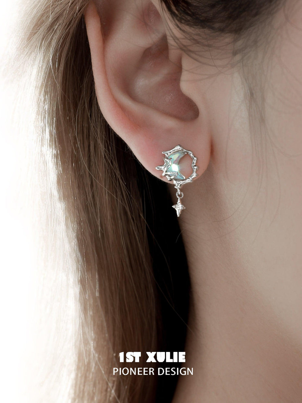 1ST XULIE "Melting Crescent" Dainty Moon Stud Earrings in 925 Sterling Silver - Product View