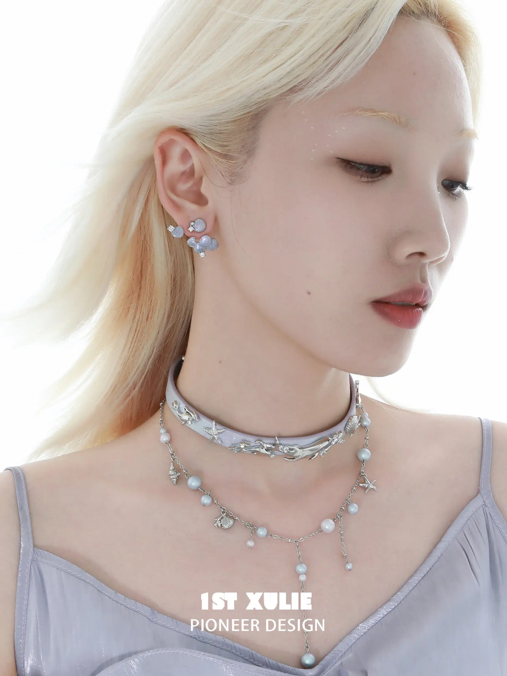 1ST XULIE Jewelry "ATLANTIS" Mermaid Scale Convertible Dangle Stud Earrings in Platinum Plated - Back View