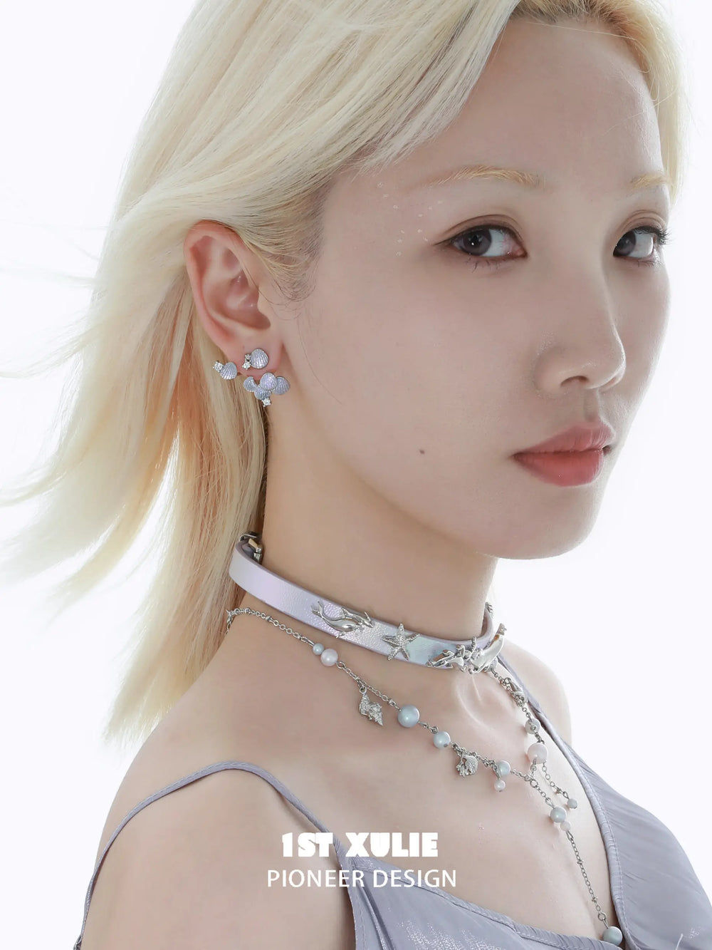 1ST XULIE Jewelry "ATLANTIS" Mermaid Scale Convertible Dangle Stud Earrings in Platinum Plated - Detail Shot