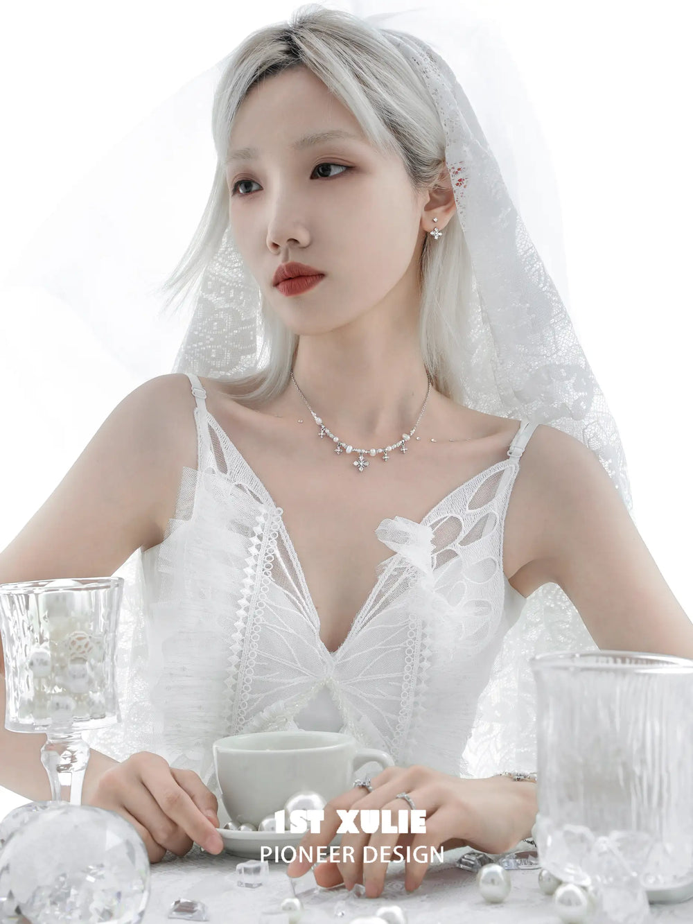 1ST XULIE "Tears of Mermaid" Dainty Mermaid's Tear Mother-of-Pearl Pendant Necklace in 925 Sterling Silver - On Model