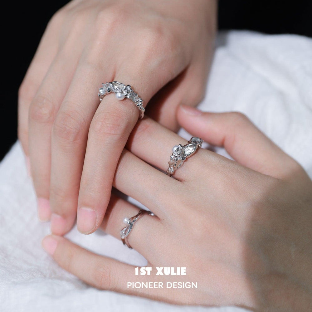 1ST XULIE "Tears of Mermaid" Minimalist Mermaid Tear Pearl Ring in 925 Sterling Silver - On Model
