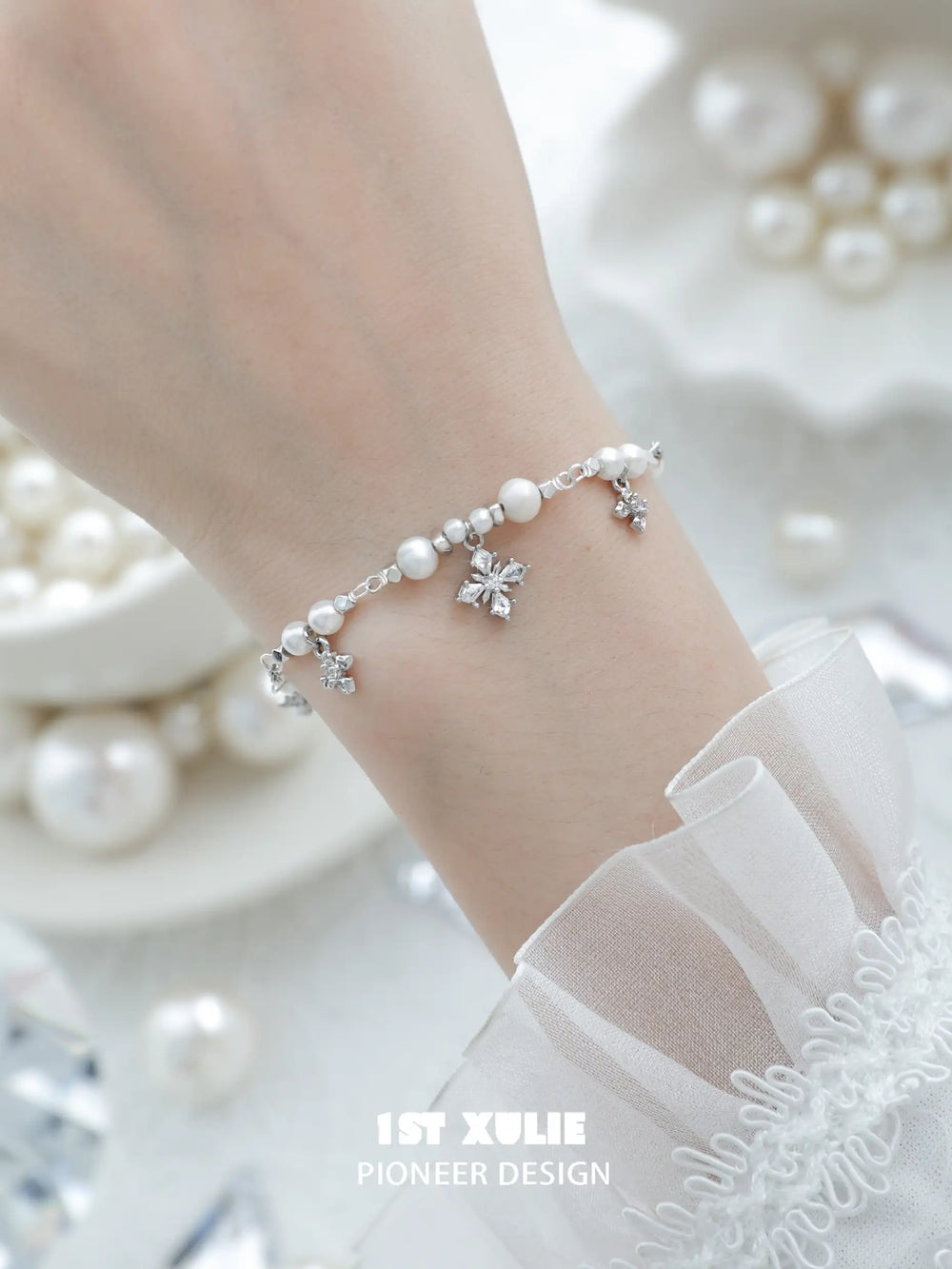 1ST XULIE "Tears of Mermaid" Dainty Pearl & Zircon Chain Bracelet in 925 Sterling Silver - Full View