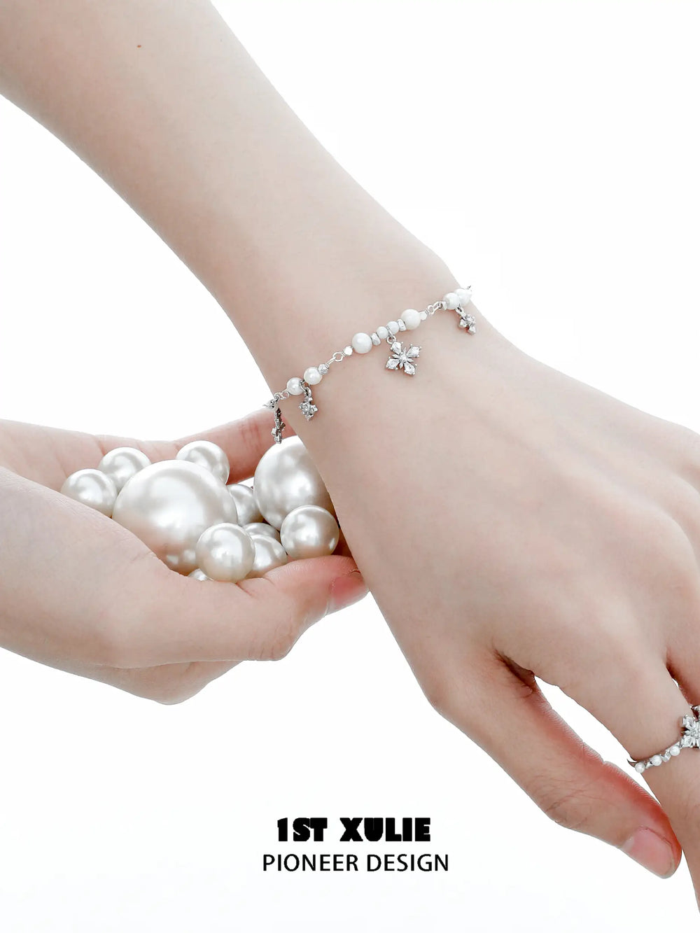 1ST XULIE "Tears of Mermaid" Dainty Pearl & Zircon Chain Bracelet in 925 Sterling Silver - Clasp Detail Shot