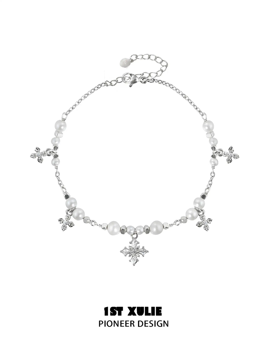 1ST XULIE "Tears of Mermaid" Dainty Pearl & Zircon Chain Bracelet in 925 Sterling Silver - On Model