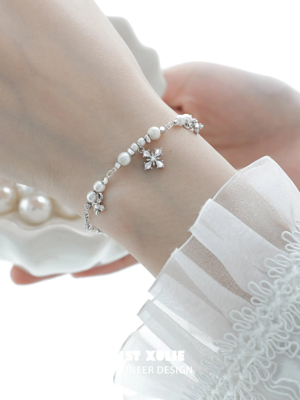 1ST XULIE "Tears of Mermaid" Dainty Pearl & Zircon Chain Bracelet in 925 Sterling Silver - On Model Close-Up