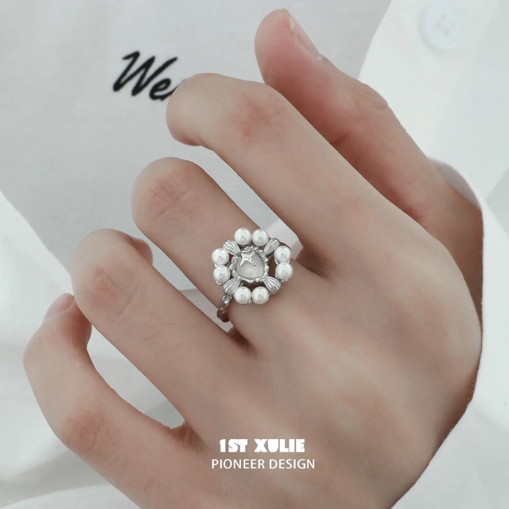 1ST XULIE "Tears of Mermaid" Elegant Pearl & Agate Statement Ring in 925 Sterling Silver - Detail Shot