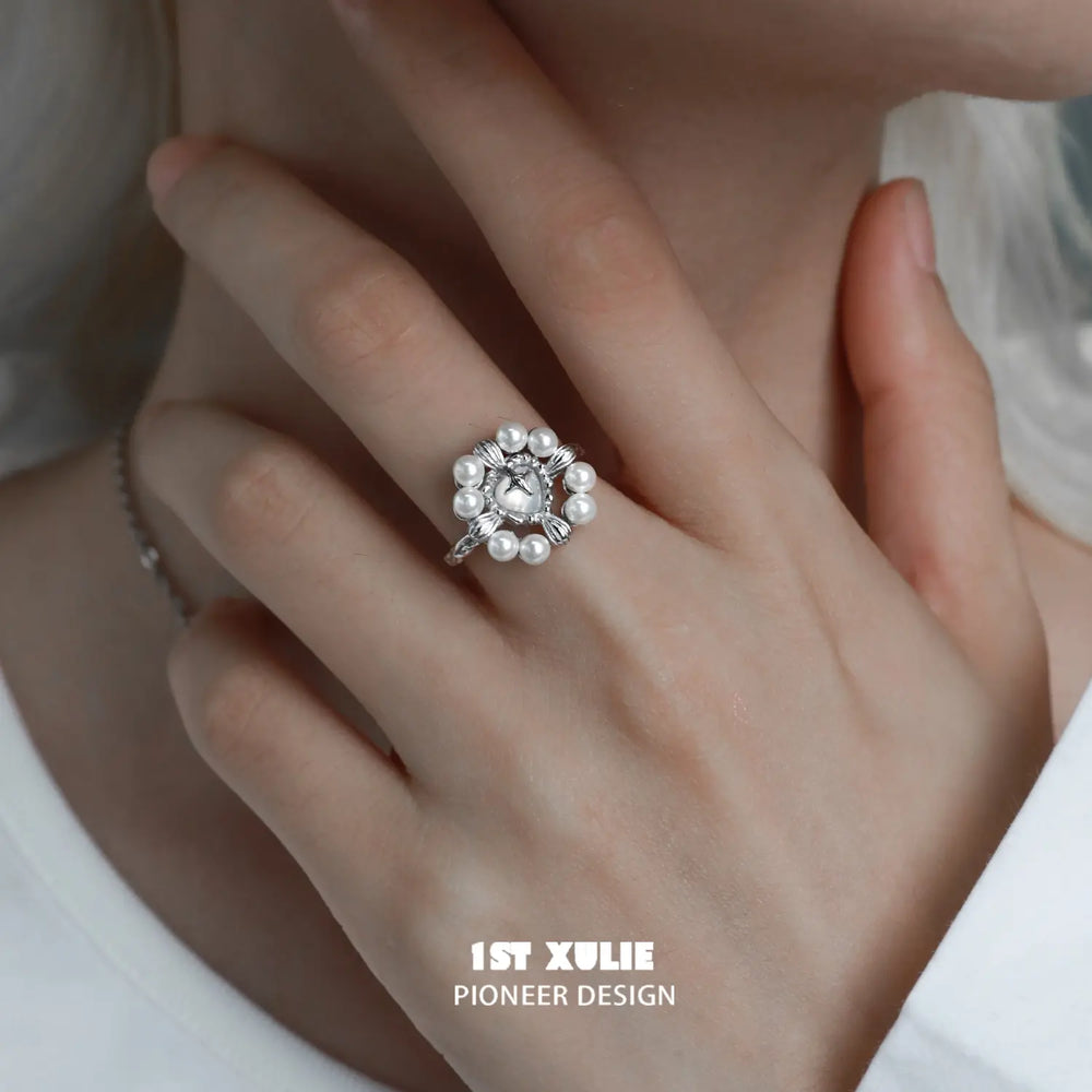 1ST XULIE "Tears of Mermaid" Elegant Pearl & Agate Statement Ring in 925 Sterling Silver - Side View